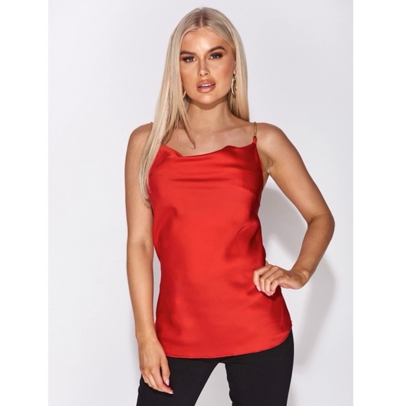 Tops - Red Satin Silk Sleeveless Chain Strap Cowl Neck Top Blouse